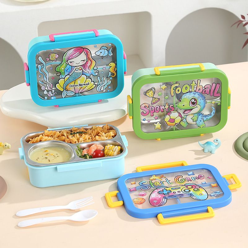 Student Cartoon 304 Stainless Steel Compartment Lunch Box with Lid Portable Buckle Takeout Lunch Bento Box Food Container