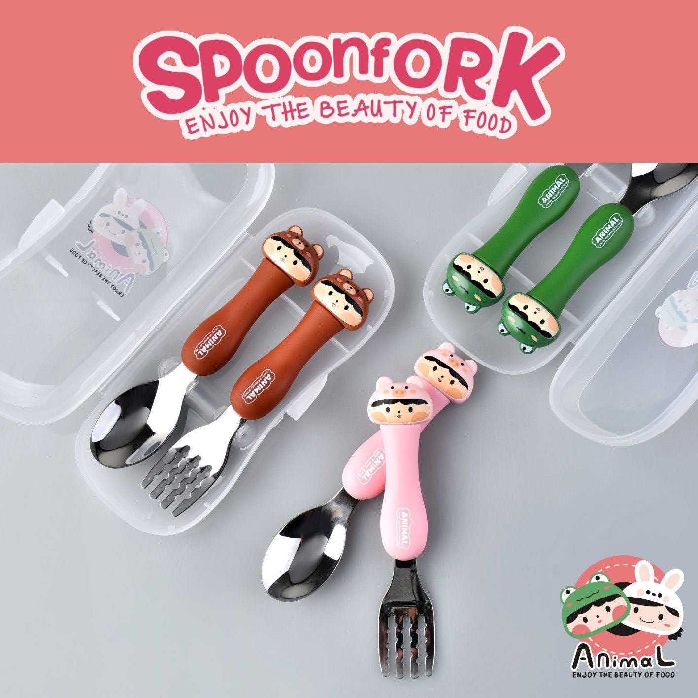 Cartoon 304 Stainless Steel Kids Tableware Set 2-Piece Set Creative Portable Travel Student Spoon and Fork Set Gift