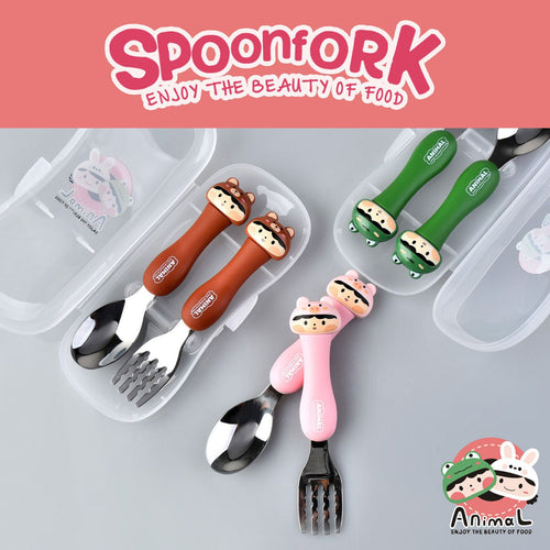 Cartoon 304 Stainless Steel Kids Tableware Set 2-Piece Set Creative Portable Travel Student Spoon and Fork Set Gift