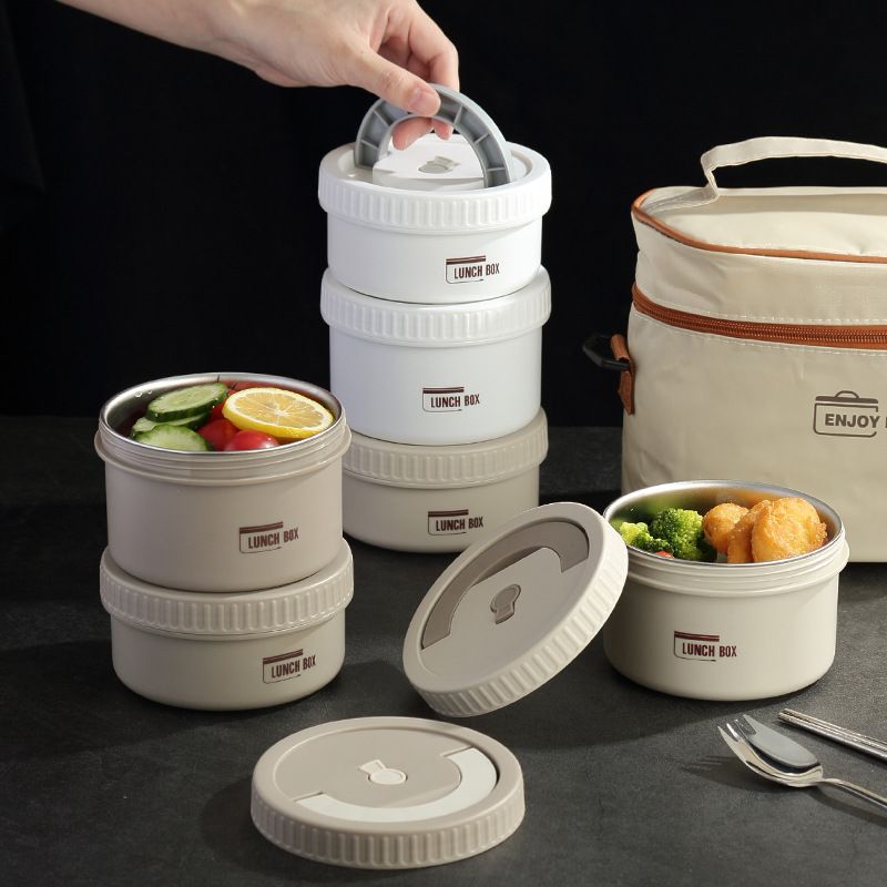 Fiambrera Bento de acero inoxidable al por mayor, recipiente redondo apilable para alimentos