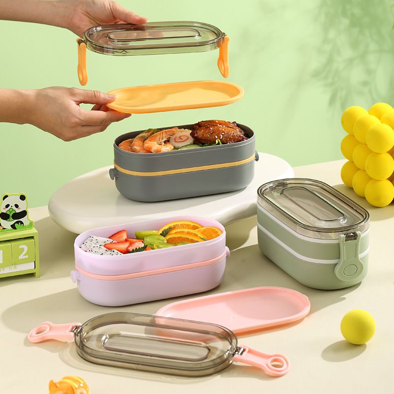 Minimalist Student Double-Layer Plastic Lunch Box Office Worker Lunch Bento Box with Spoon and Fork Camping Portable Small Food Container