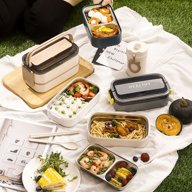 Japanese Style Student 304 Stainless Steel Double-Layer Lunch Box with Handle Office Worker Cafeteria Takeout Lunch Bento Box with Spoon and Chopsticks