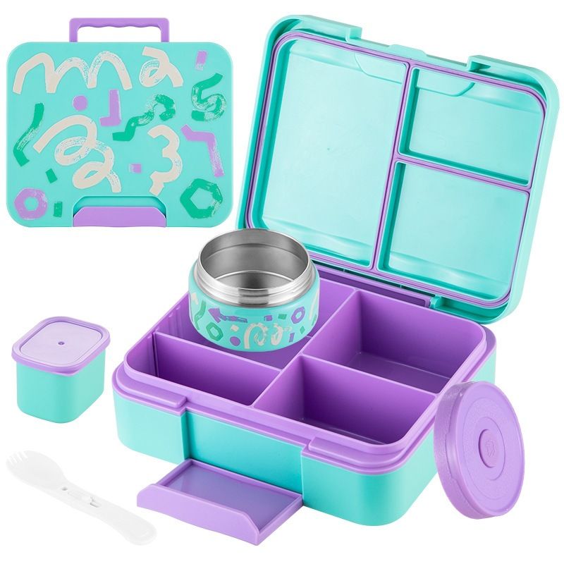 Student Cartoon Plastic Large Capacity Compartment Lunch Box with Handle Soup Bowl Kids Portable Lunch Bento Box