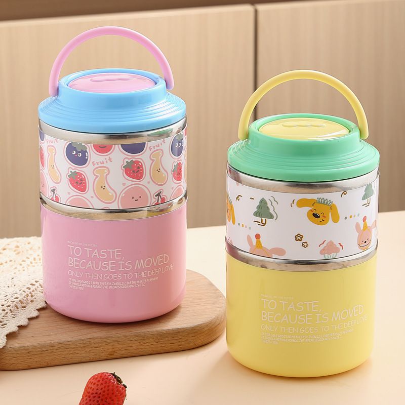 Student Creative Cartoon Double-Layer 304 Stainless Steel Round Bucket Lunch Box Kids Lunch Bento Box Portable Food Container