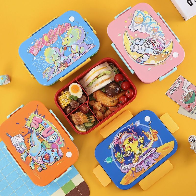 Student Cartoon Cute and Fun Lunch Box Plastic Compartment Lunch Box Microwave Safe with Lid Large Capacity Bento Box