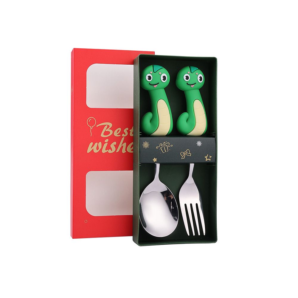 Cartoon Year of Snake Kids Stainless Steel Spoon New Year Gold and Silver Spoon and Fork Set Gift 4-Piece Set Dessert Fork