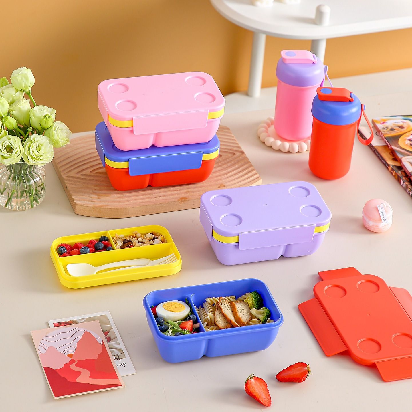 Fiambrera Bento de Plástico al por Mayor, Recipiente para Almuerzo a Prueba de Fugas, Doble Capa
