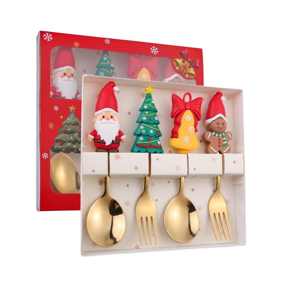 Cartoon New Christmas Spoon and Fork Tableware Set Santa Claus Reindeer Spoon Dessert Spoon 4 pcs Set Gift Box