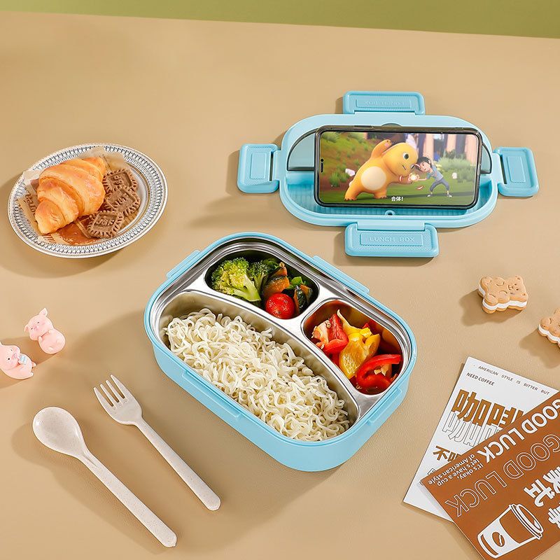 Minimalist Student 304 Stainless Steel Compartment Lunch Box with Spoon and Fork Office Worker Lunch Bento Box Cafeteria Takeout Food Container