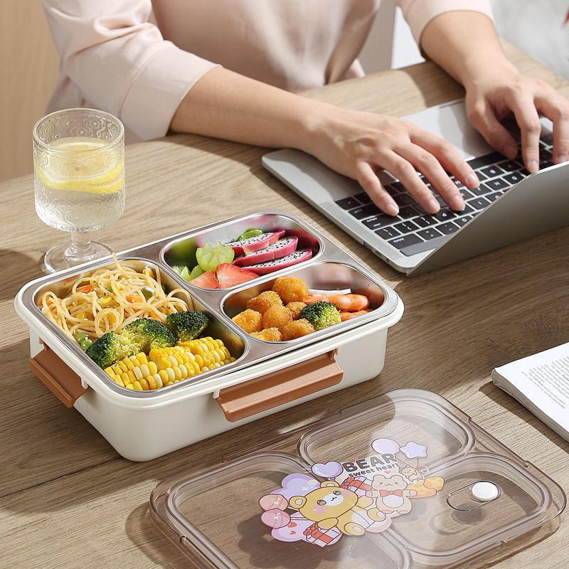 Cartoon Student 304 Stainless Steel Compartment Lunch Box Office Worker Lunch Bento Box Buckle with Cutlery Portable Food Container