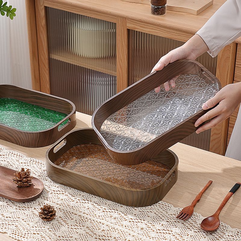 Household Rectangular Faux Wood Grain Tray Dessert Dining Plate Nordic Plastic Tea Cup Storage