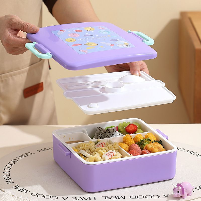 Student Plastic Compartment Lunch Box Kids Travel Portable Food Container with Cutlery Sauce Box Bento Box