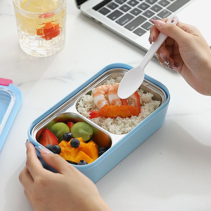 Minimalist Student 304 Stainless Steel Compartment Lunch Box Office Worker Plastic Buckle Bento Lunch Box with Cutlery