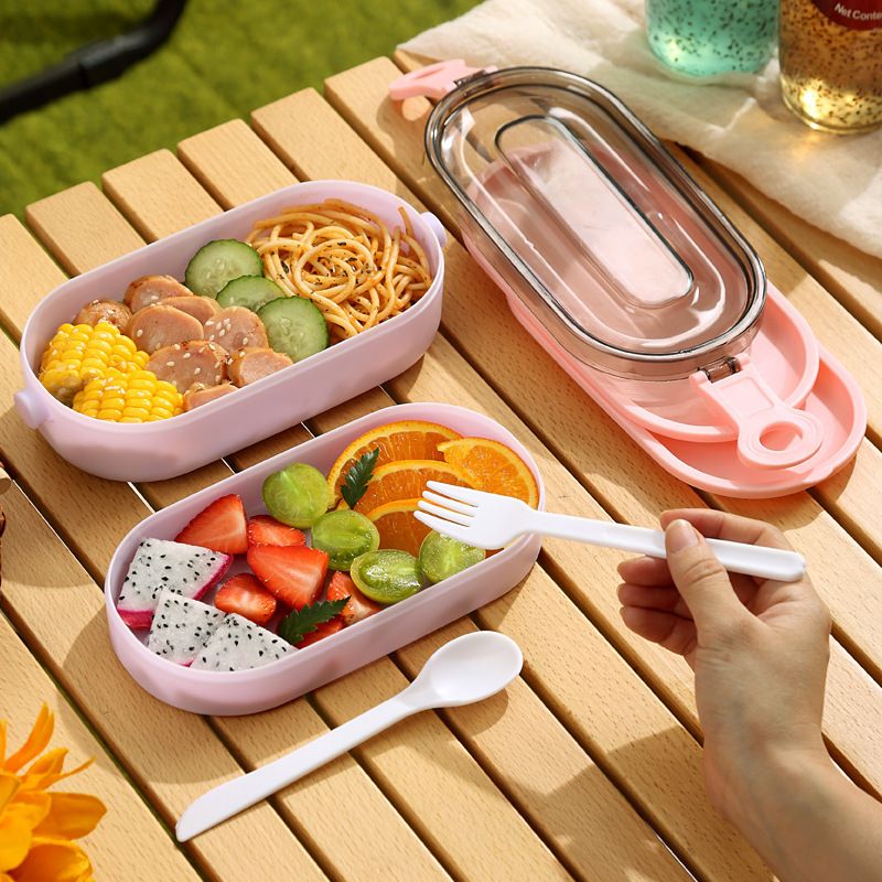 Minimalist Student Double-Layer Plastic Lunch Box Office Worker Lunch Bento Box with Spoon and Fork Camping Portable Small Food Container