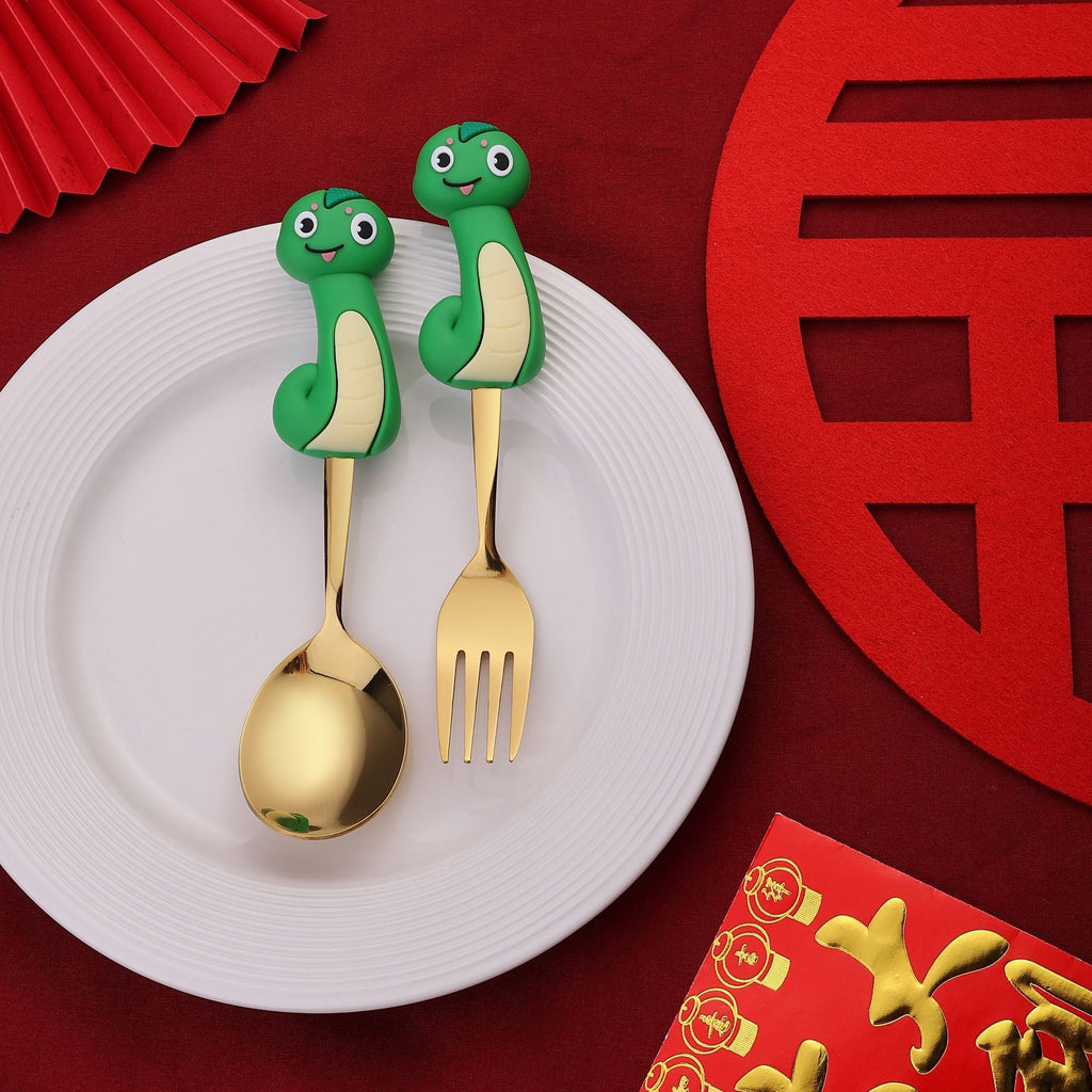 Cartoon Year of Snake Kids Stainless Steel Spoon New Year Gold and Silver Spoon and Fork Set Gift 4-Piece Set Dessert Fork