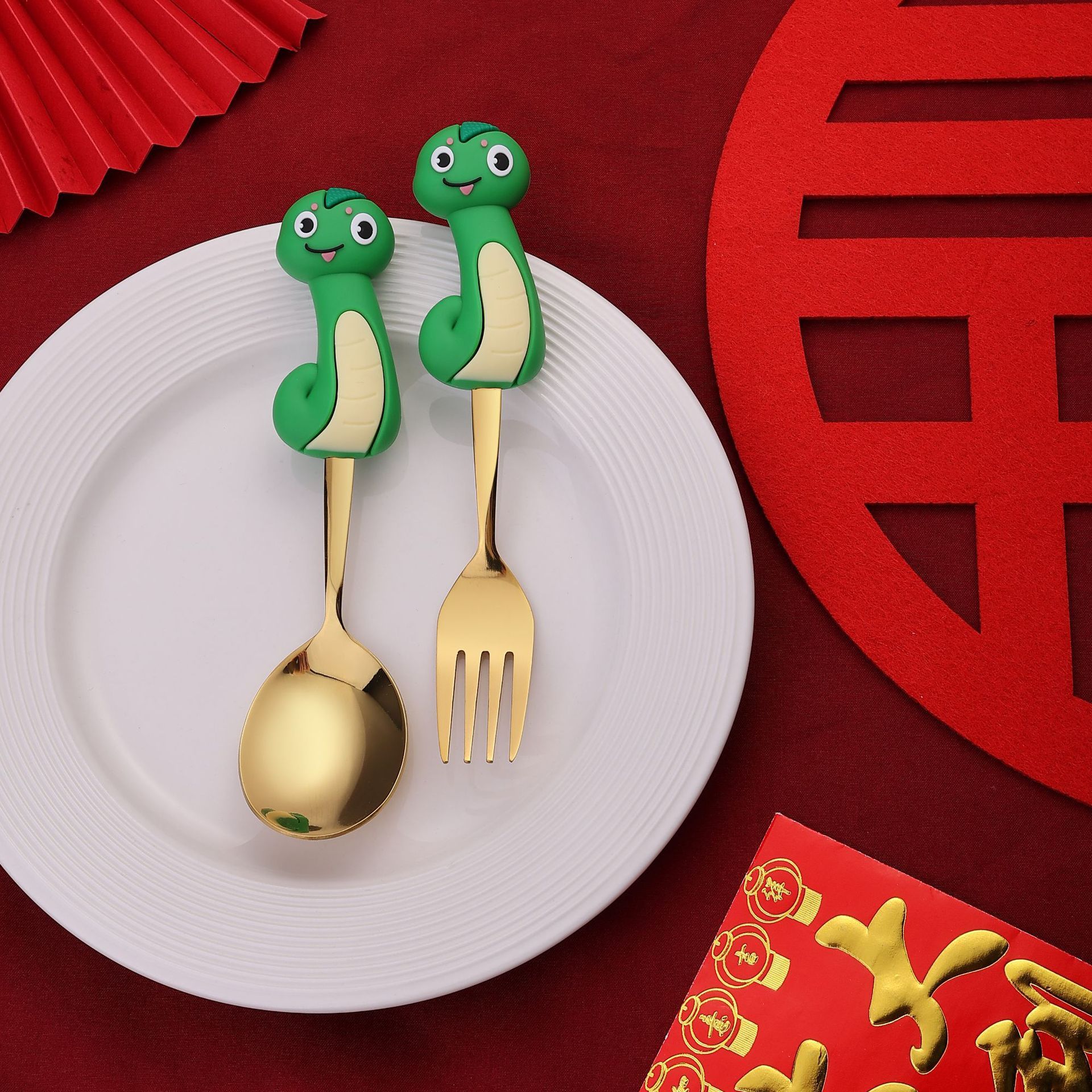 Cartoon Year of Snake Kids Stainless Steel Spoon New Year Gold and Silver Spoon and Fork Set Gift 4-Piece Set Dessert Fork
