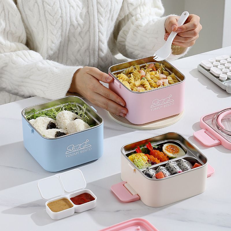 Student Square Double-Layer 304 Stainless Steel Compartment Lunch Box Office Worker Lunch Bento Box with Handle Portable Food Container
