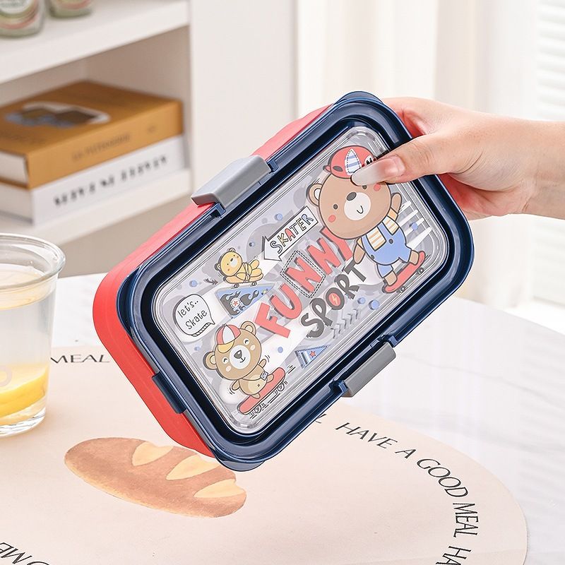 INS Style Plastic Bento Box Student Cartoon Compartment Lunch Box with Spoon and Fork Microwave Safe Lunch Box