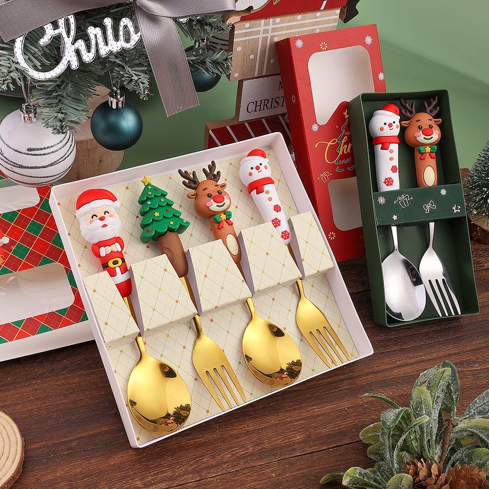 Christmas Spoon and Fork Creative Cartoon Santa Claus Reindeer Coffee Spoon Dessert Spoon Fruit Fork Gift Set