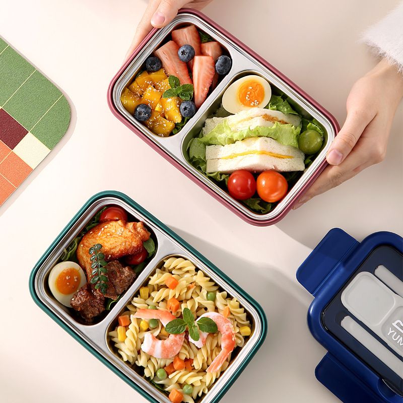 Minimalist Student 304 Stainless Steel Compartment Lunch Box with Spoon and Fork Sauce Box Office Worker Takeout Lunch Bento Box