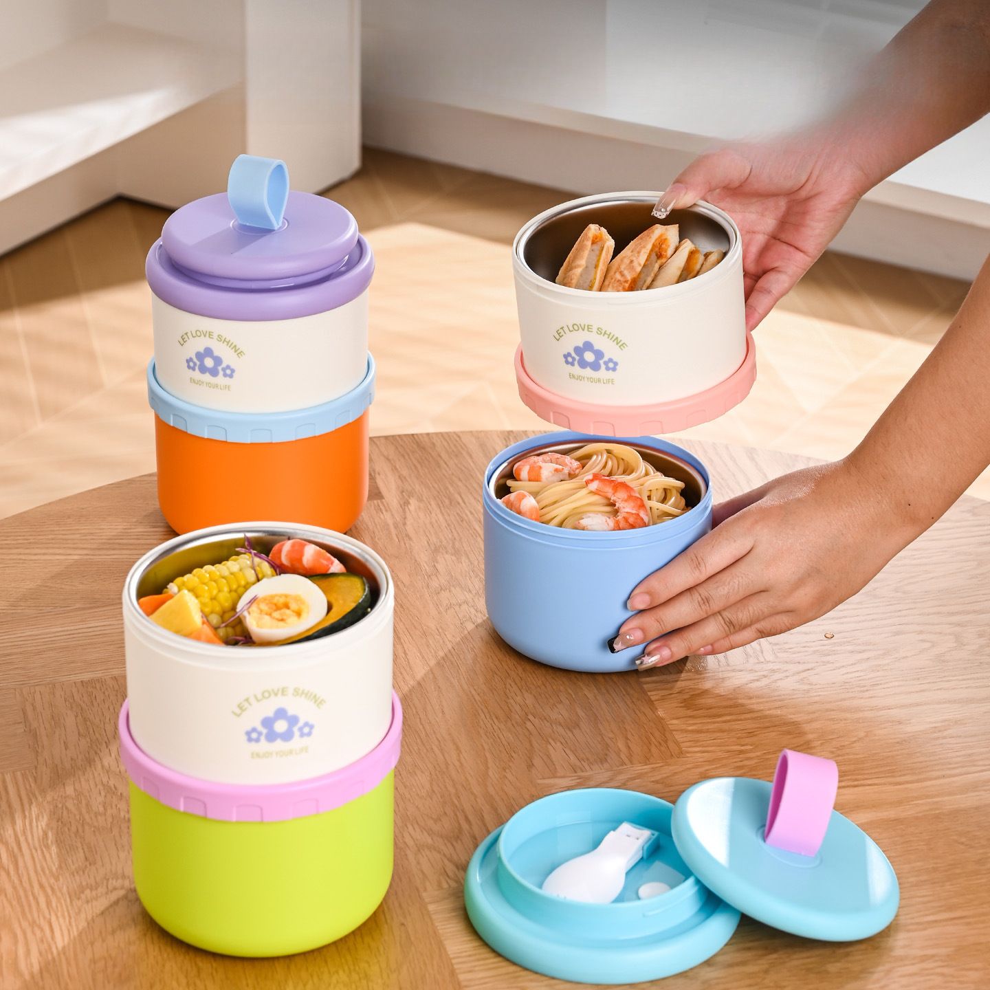 Cartoon Double-Layer Student 304 Stainless Steel Round Lunch Box Office Worker Meal Prep Lunch Bento Box Large Capacity