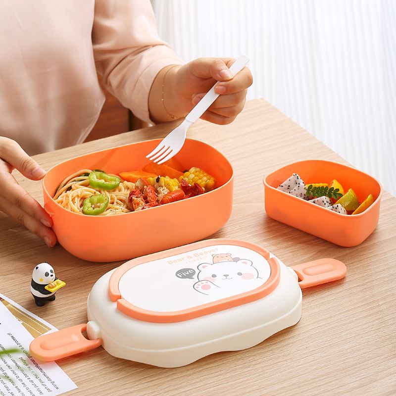 Student Cartoon Little Bear Double-Layer Plastic Lunch Box Office Worker Portable Lunch Bento Box Microwave Heating Large Capacity