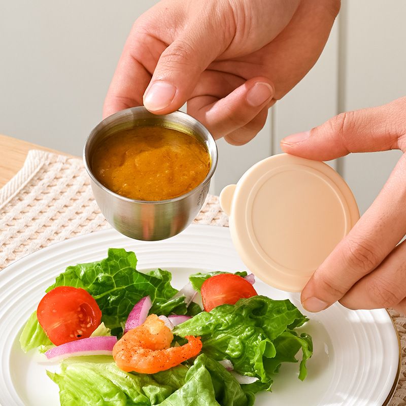 Home Kitchen 304 Stainless Steel Dipping Sauce Box Cartoon Little Bear Round Small Dish with Lid Salad Dressing Cup