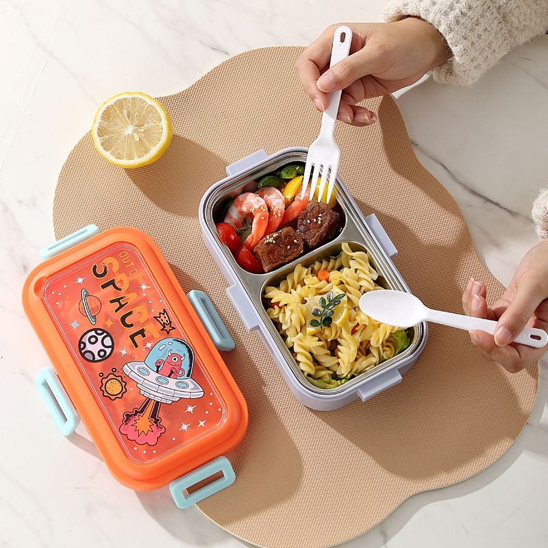 Cartoon Small Kids Compartment Lunch Box Student Buckle 304 Stainless Steel Bento Box with Spoon and Fork