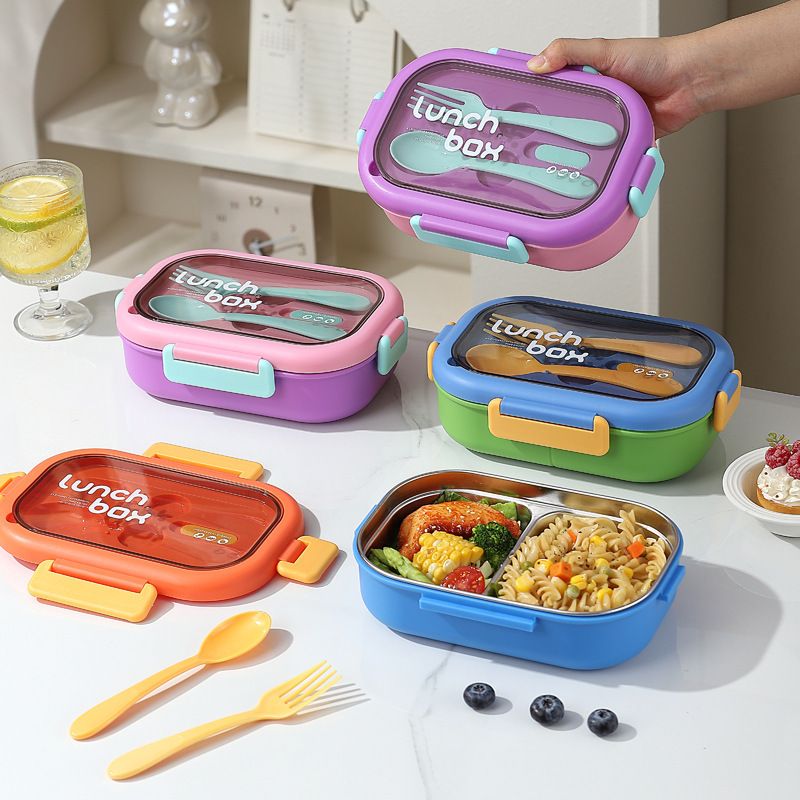 Student 304 Stainless Steel Compartment Lunch Box Office Worker Plastic Portable Lunch Bento Box with Spoon and Fork Food Container