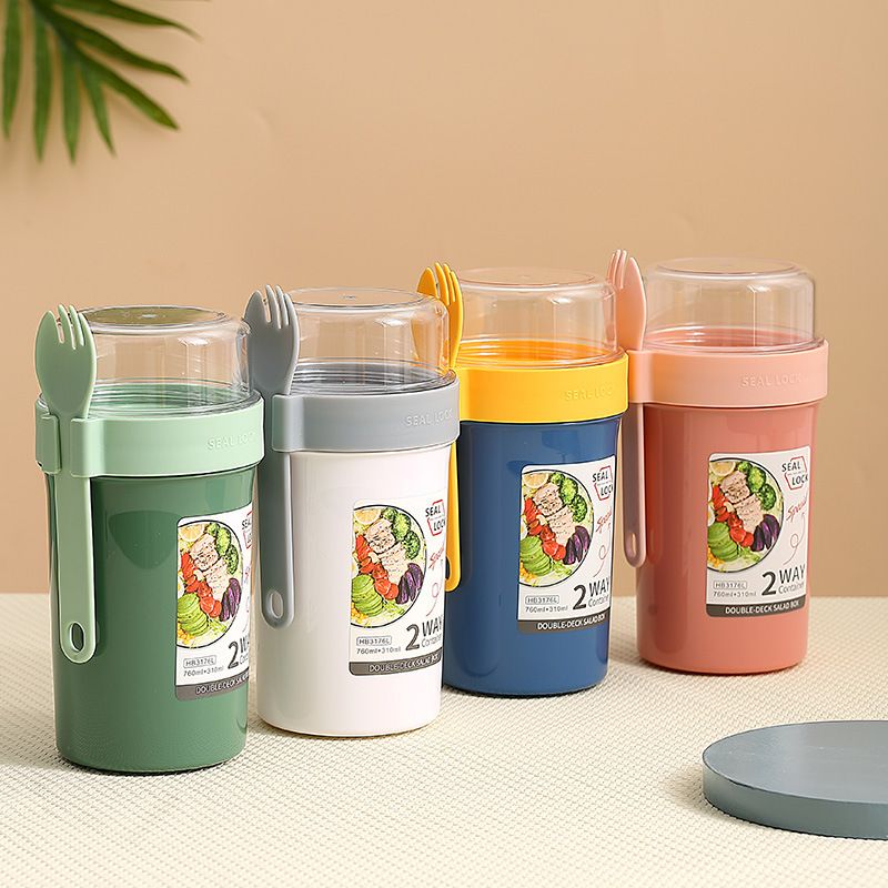 Minimalist Student Oatmeal Cup with Lid Spoon Portable Light Double-Layer Plastic Salad Cup Sauce Box