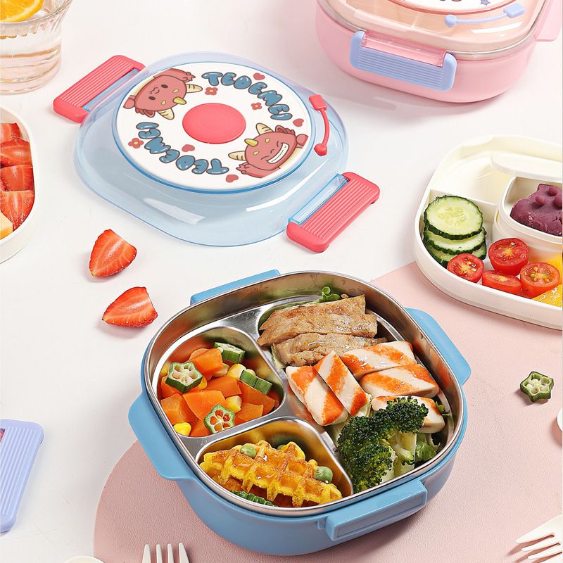 Cartoon 304 Stainless Steel Kids Cute Lunch Box with Lid Sauce Box Student Compartment Lunch Bento Box Food Container
