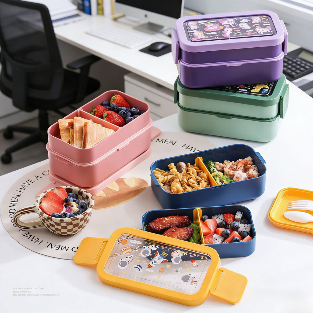 Cartoon Japanese Style Student Compartment Double-Layer Lunch Box Microwave Safe Kids Bento Box Dining Plate Picnic Dessert
