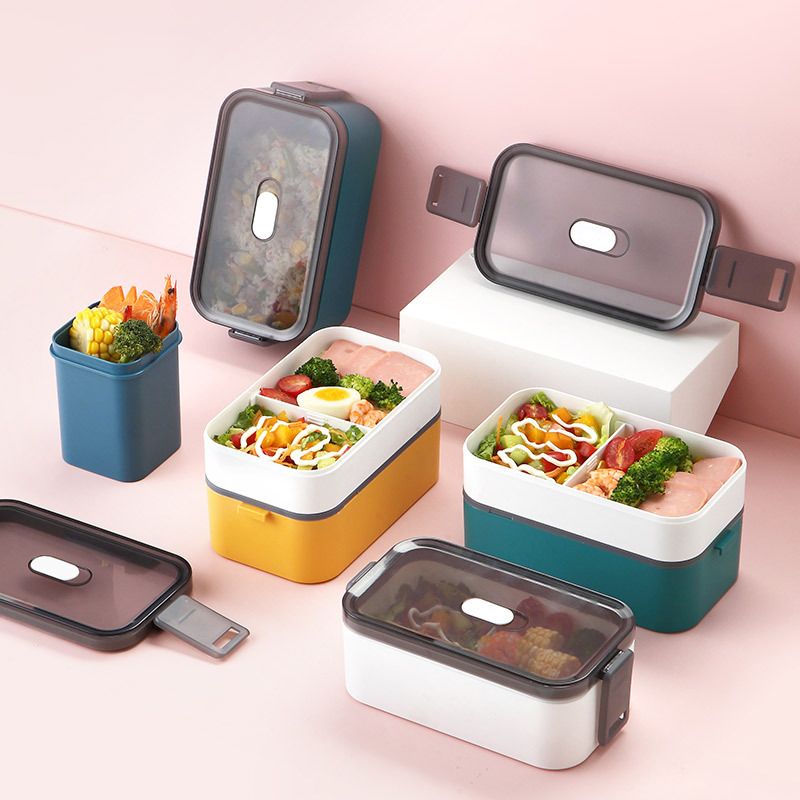 Student Japanese Style Square Double-Layer Plastic Lunch Box Microwave Safe Office Worker Lunch Bento Box Light Food Container