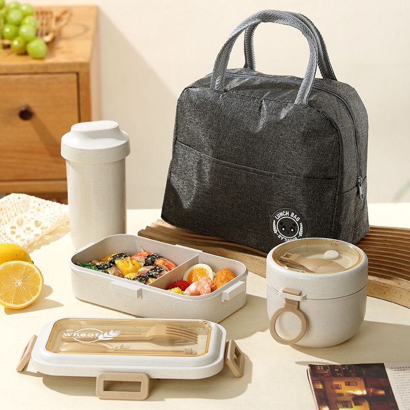 Student Wheat Lunch Box Microwave Safe Heating Office Worker Lunch Bento Box with Cutlery Soup Cup Set