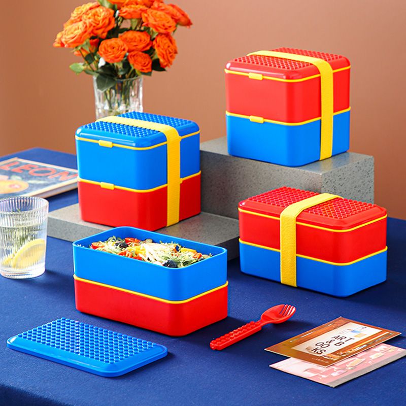 Creative Kids Assemble Building Blocks Double-Layer Lunch Box Student Bento Box Spring Outing Picnic