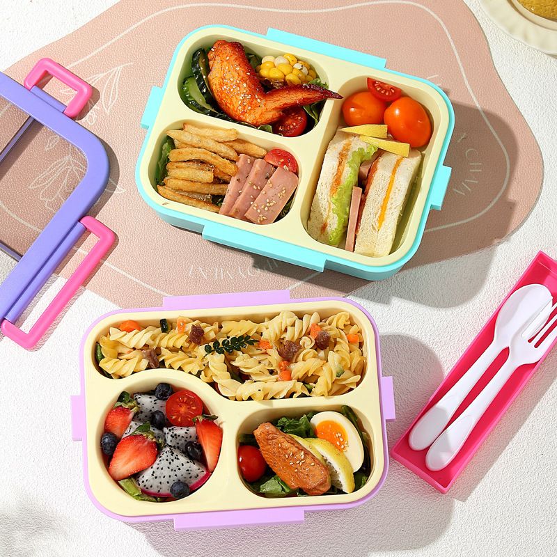Minimalist Buckle Compartment Plastic Lunch Box Office Worker Lunch Bento Box with Lid Microwave Safe with Spoon and Fork