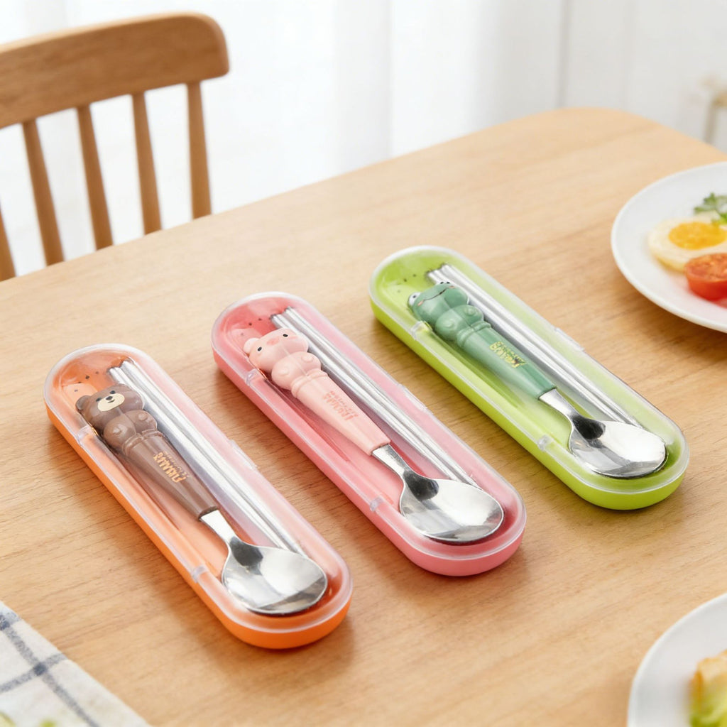 Cartoon Little Pig Frog Stainless Steel Tableware Set Student Spoon and Chopsticks Storage Box 2-Piece Set Portable Travel