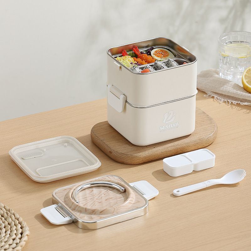 Student 304 Stainless Steel Wood Grain Lunch Box Double-Layer Portable Bento Box Freshness Box Adult Meal Prep Portable Lunch Box