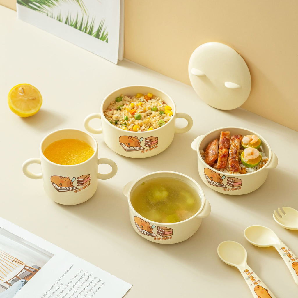 Cartoon Kids Eating Bowl Tableware Set Capybara Baby Kindergarten 5 pcs Set with Cutlery