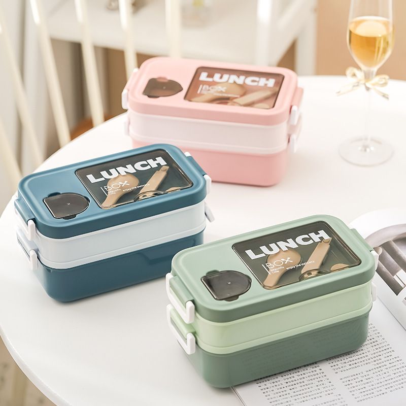 Minimalist Japanese Style Light Double-Layer Plastic Compartment Lunch Box Student Lunch Bento Box Microwave Safe Heating Sauce Box