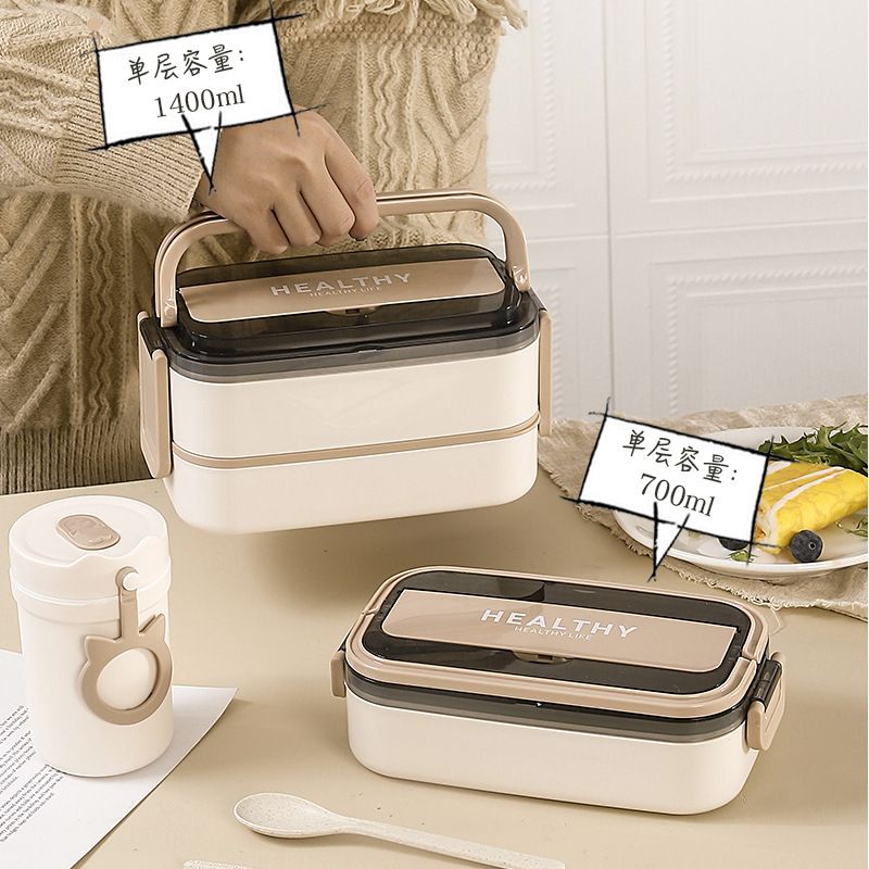 Japanese Style Student 304 Stainless Steel Double-Layer Lunch Box with Handle Office Worker Cafeteria Takeout Lunch Bento Box with Spoon and Chopsticks