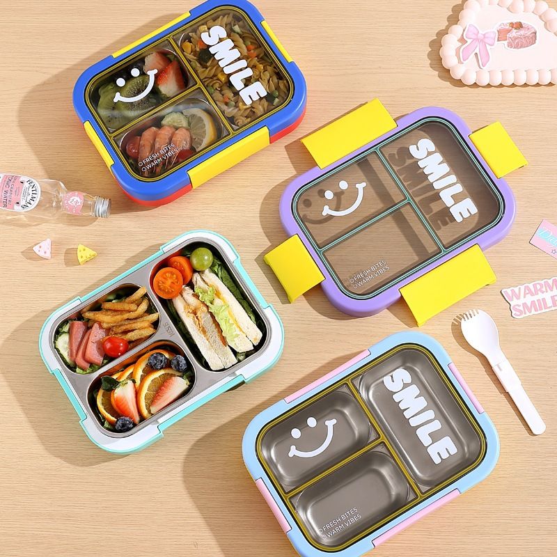 Minimalist 304 Stainless Steel Lunch Box Color Block Compartment Bento Box Student Cafeteria Takeout Food Container
