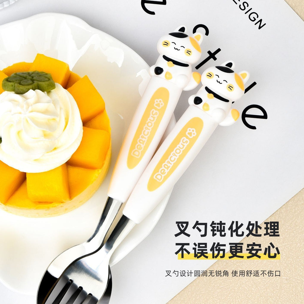 Cartoon Kitten Little Bear Kids Tableware Spoon and Fork Set Creative Gift Box Eating Stainless Steel Travel Portable Pack