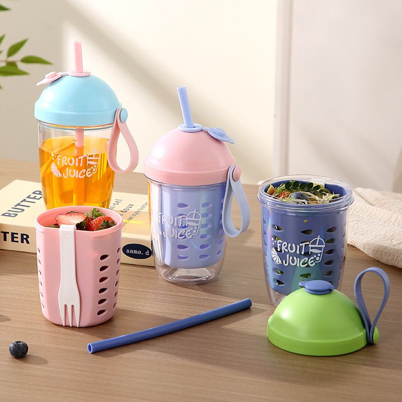 Stylish Student Draining Fruit Salad Cup Minimalist Plastic Straw Cup Portable Milk Cup