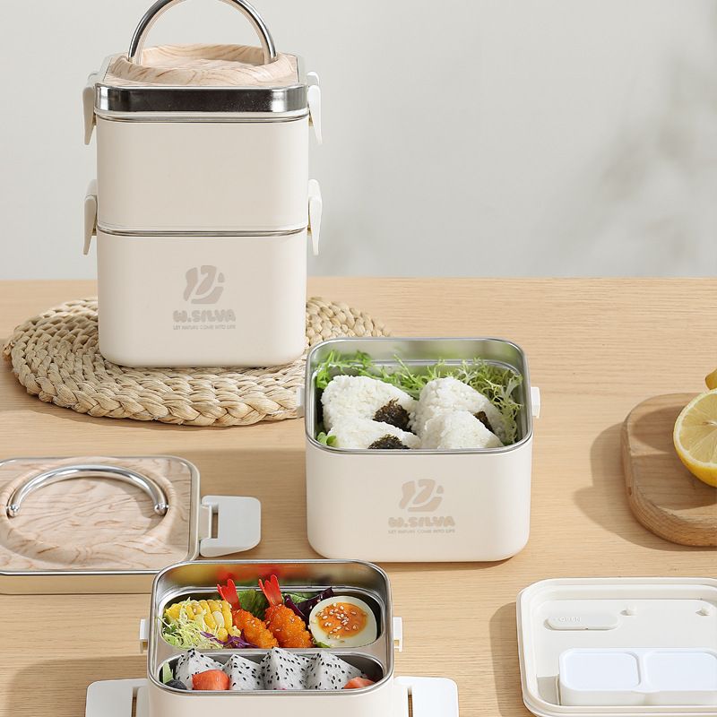 Student 304 Stainless Steel Wood Grain Lunch Box Double-Layer Portable Bento Box Freshness Box Adult Meal Prep Portable Lunch Box