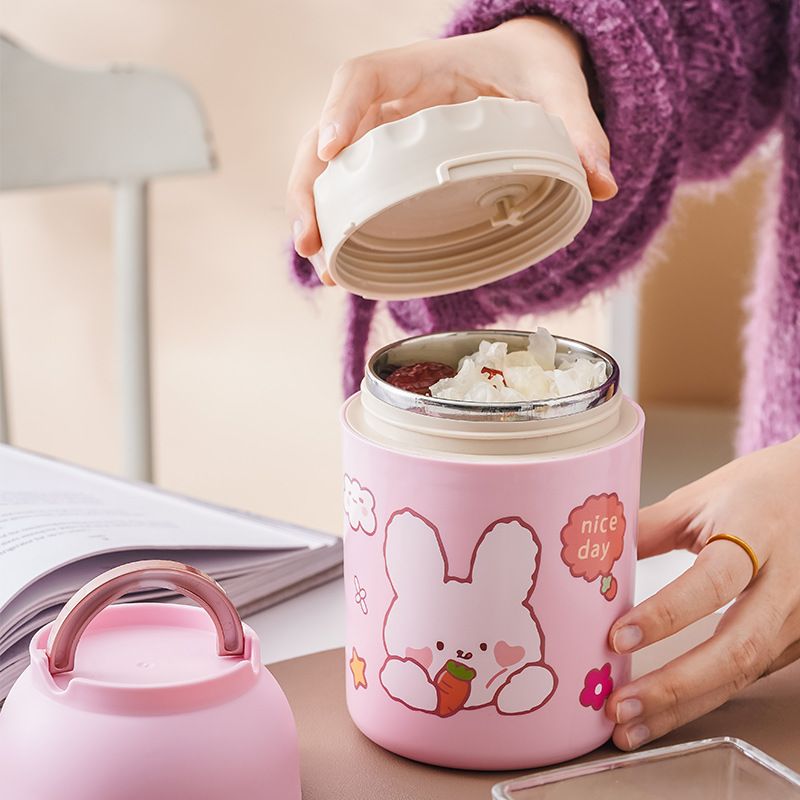 Creative Cartoon 304 Stainless Steel Tumbler Cup Student Breakfast Cup Office Worker Soup Cup and Porridge Jar with Spoon Bucket