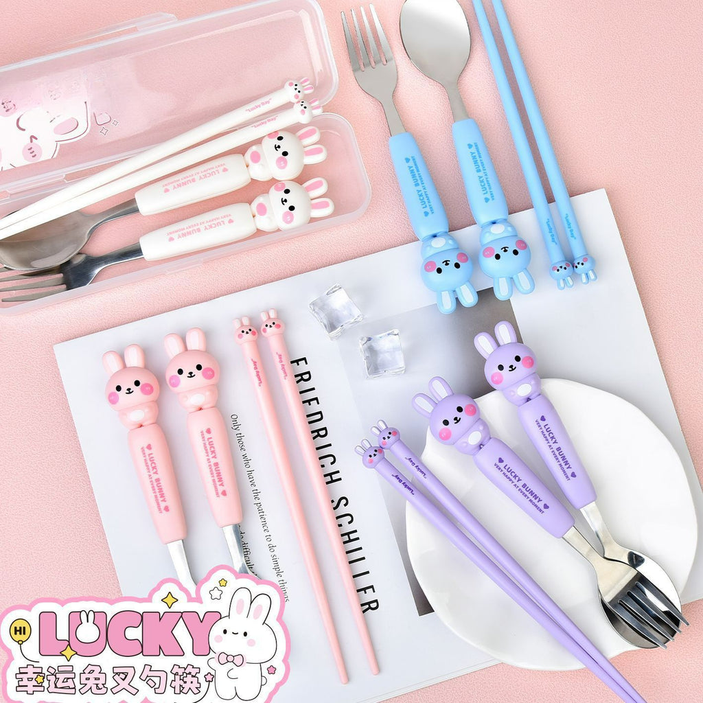 Cartoon Rabbit Student Spoon, Fork and Chopsticks 3-Piece Set with Box Kids Portable Eating Tableware Set Gift