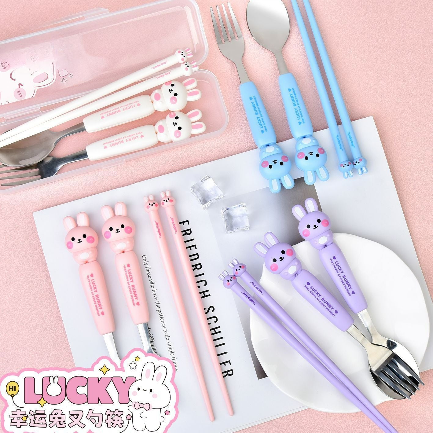 Cartoon Rabbit Student Spoon, Fork and Chopsticks 3-Piece Set with Box Kids Portable Eating Tableware Set Gift