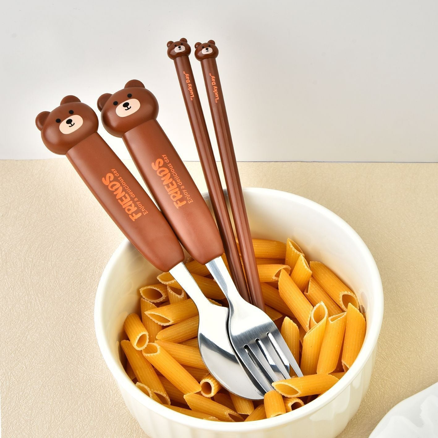 Cartoon Little Bear Student Spoon, Fork and Chopsticks 3-Piece Set Kids Portable Eating Tableware Set General Merchandise Gift