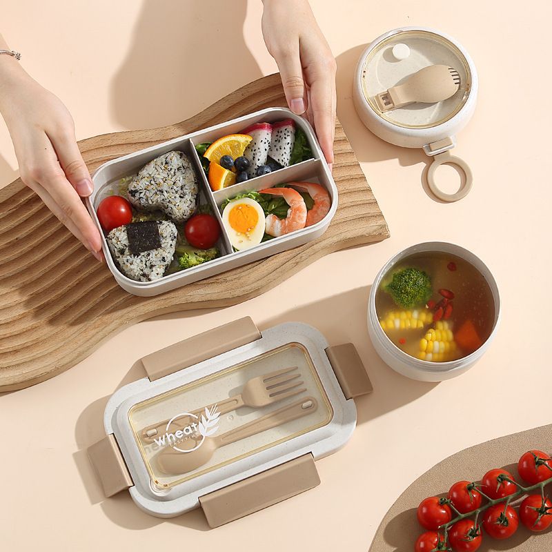 Minimalist Wheat Straw Lunch Box Soup Cup Set Student Portable Japanese Style Lunch Bento Box Outdoor Water Cup Porridge Jar